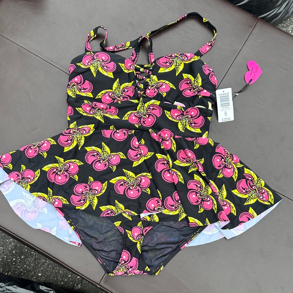 torrid Black One-Piece Swimsuit with Pink Cherry & Yellow Leaf Print